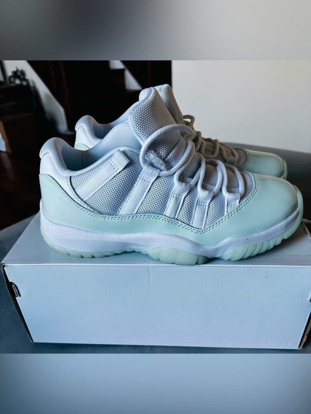 Women’s Low-Top Air Jordan 11 Retro Sneakers in Light Mint and White